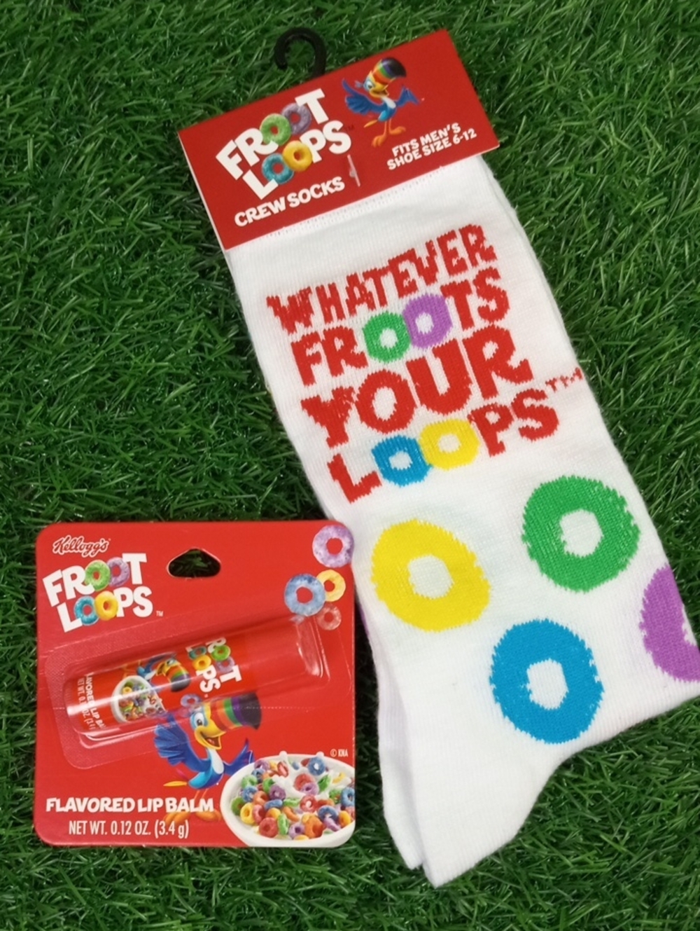 🥨🍒 Froot Loops White Crew Socks with Froot Loops Lip Balm